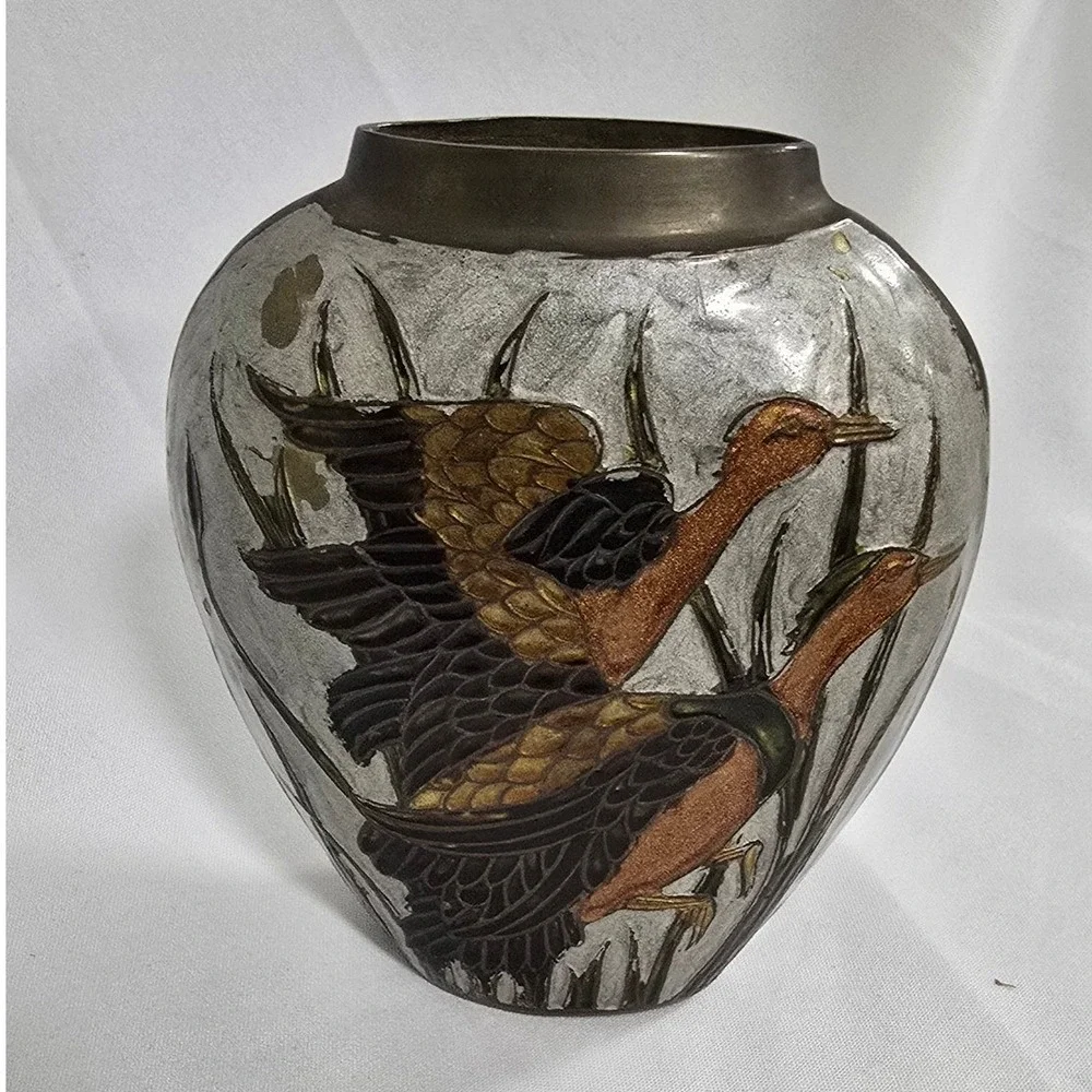Vtg‎ solid brass enameled flat vase w/pheasants Mid-Century earthy boho rustic